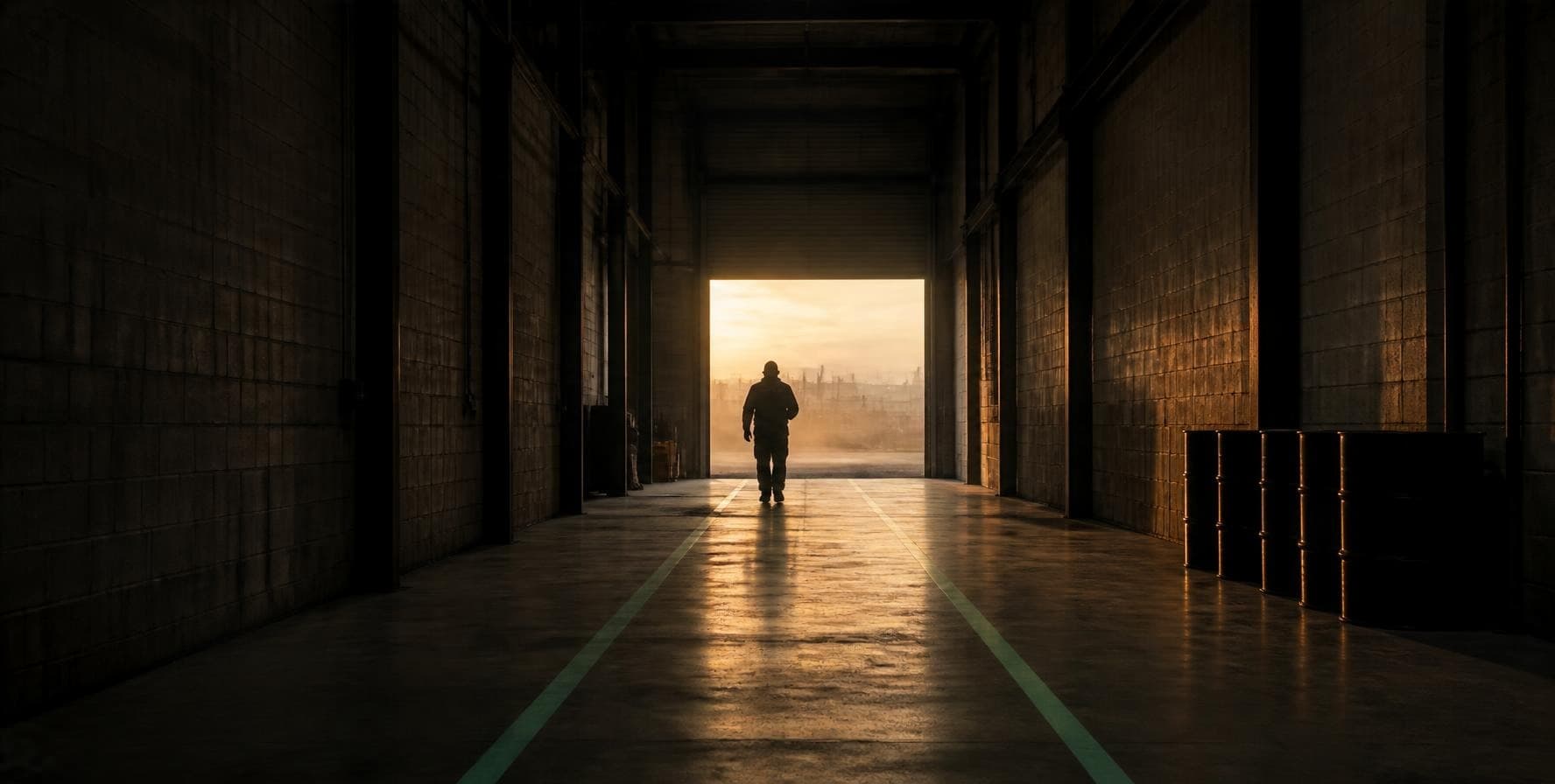 A worker walks down a warehouse aisle toward an open door at sunrise, with steel drums along the wall.