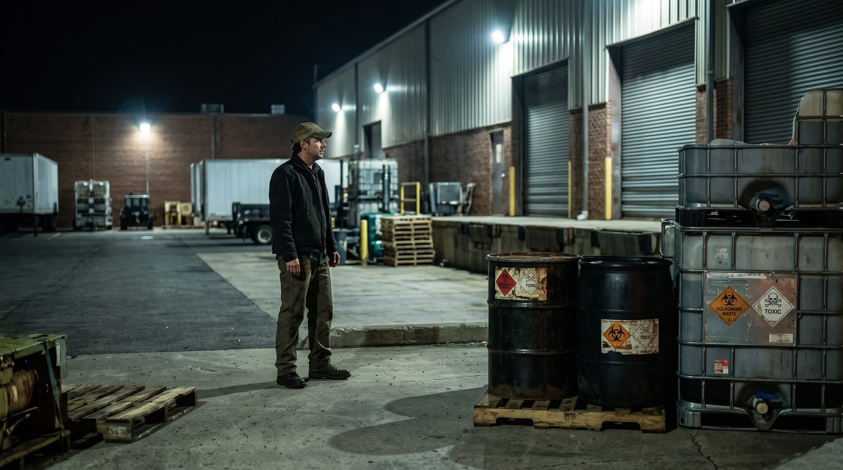 A worker stands at a loading dock at night, looking at steel drums of waste staged on a pallet.